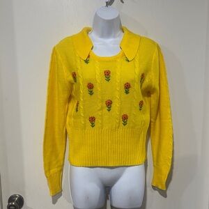 Vintage 70s Yellow Cable Sweater w/ Coral Flowers & a Collar by Sultra